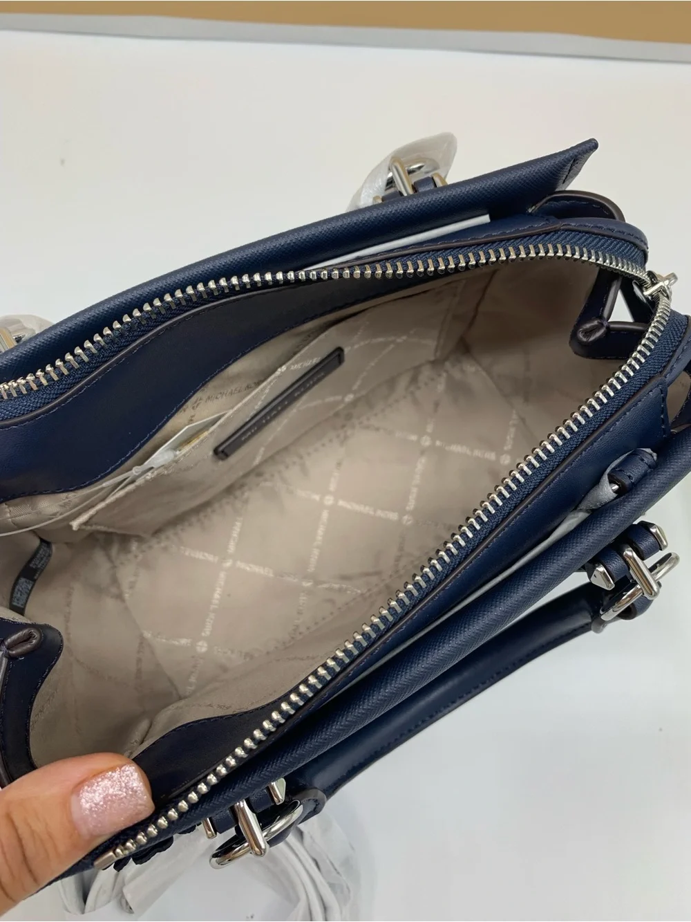 Michael Kors Marilyn Navy Floral Applique Satchel - Picture 10 of 15